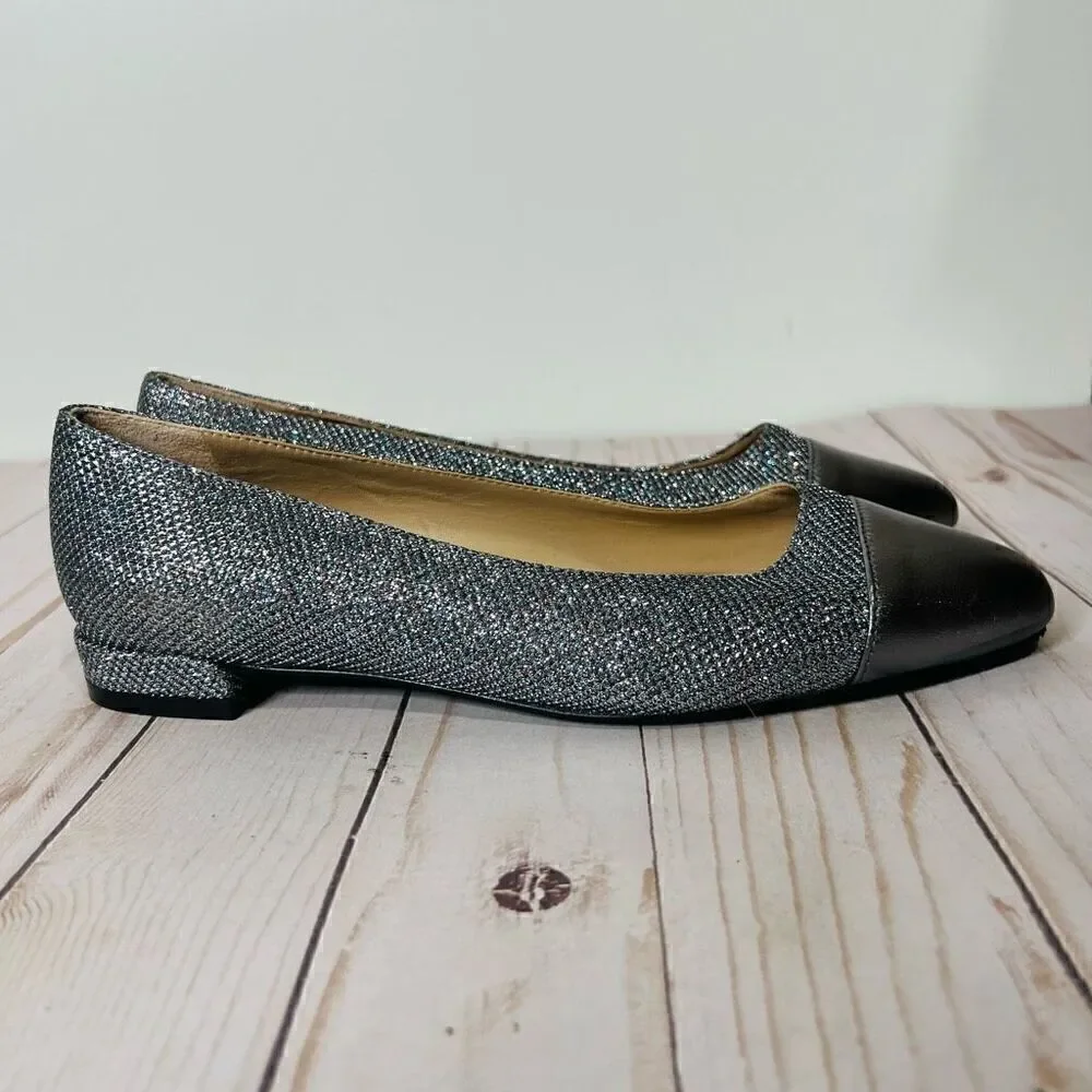 Stuart Weitzman Sleek Flat Gunmetal Silver Pewter Sparkle Glitter Flats NEW! Sz